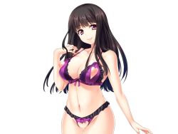 Rule 34 | 1girl, bare arms, bare legs, bare shoulders, black hair, blush, bra, breasts, censored, cleavage, cowboy shot, crotchless, crotchless panties, eyebrows, game cg, groin, haramase no kuni tanetsuke park he youkoso!, large breasts, legs, lingerie, long hair, looking at viewer, mosaic censoring, navel, nippleless clothes, nipples, original, panties, pussy, red eyes, sakurai mairi, simple background, smile, solo, standing, thighs, underwear, white background