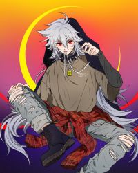 Rule 34 | 1boy, absurdres, beige shirt, boots, clothes around waist, collar, fashion, full body, genshin impact, highres, jacket, jacket around waist, jewelry, lock, long hair, looking at viewer, male focus, necklace, pale skin, razor (genshin impact), red eyes, scar, scar on face, shohje, sitting, solo, spiked collar, spikes, torn clothes, torn legwear, white hair