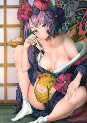 Rule 34 | 1girl, bare shoulders, black hair, breasts, breasts apart, calligraphy brush, cleavage, comic, fate/grand order, fate (series), hair ornament, japanese clothes, katsushika hokusai (fate), kimono, looking at viewer, masuo, medium breasts, open clothes, paintbrush, purple eyes, purple hair, sitting, socks, solo, tabi, white socks