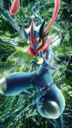 Rule 34 | ash-greninja, bamboo, commentary request, creatures (company), forest, game freak, gen 6 pokemon, greninja, highres, kuiyanxu, looking at viewer, nature, ninja, nintendo, no humans, outdoors, outstretched arms, pokemon, pokemon (creature), realistic, red eyes, spread legs, tongue, tongue scarf, water