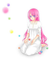 Rule 34 | 1girl, bad id, bad pixiv id, barefoot, candy, dress, food, highres, konpeitou, long hair, original, parted lips, pink hair, purple eyes, simple background, sitting, solo, very long hair, white dress, yua (star drops)