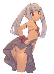 Rule 34 | 1girl, ass, bikini, blunt bangs, breasts, cropped legs, everyntrge, female focus, grey hair, grey skirt, hair intakes, highres, looking back, original, red bikini, red eyes, simple background, skirt, small breasts, solo, swimsuit, tan, thighs, twintails, twisted torso, white background, wrist cuffs