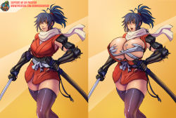 Rule 34 | 1girl, blue hair, breast expansion, breasts, highres, huge breasts, manyuu chifusa, manyuu hikenchou, ponytail, yellow eyes