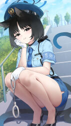 Rule 34 | 1girl, absurdres, bare legs, black footwear, blue archive, gloves, high heels, highres, holding, kikyou (blue archive), legs, looking at viewer, outdoors, pizza (pizzania company), police, police uniform, policewoman, shadow, short sleeves, solo, squatting, tagme, thighs, uniform, white gloves