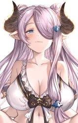 Rule 34 | 1girl, aldehyde, bikini, breasts, cleavage, collarbone, draph, granblue fantasy, hair over one eye, horns, large breasts, long hair, looking at viewer, narmaya (granblue fantasy), narmaya (summer) (granblue fantasy), navel, one eye covered, pointy ears, purple hair, simple background, solo, swimsuit, upper body, white background, white bikini