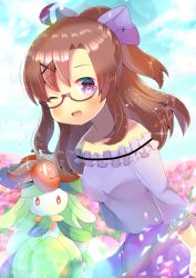 1girl, ;d, ahoge, bare shoulders, blue sky, blurry, blurry background, blush, bow, breasts, brown hair, character request, cloud, creatures (company), crossover, day, depth of field, flower, frilled shirt, frills, game freak, gen 5 pokemon, glasses, hair bow, hair ornament, hairclip, indie virtual youtuber, kouu hiyoyo, lilligant, long hair, long sleeves, looking at viewer, medium breasts, nintendo, off-shoulder shirt, off shoulder, one eye closed, open mouth, outdoors, pink flower, pokemon, pokemon (creature), ponytail, purple-framed eyewear, purple bow, purple eyes, purple shirt, purple skirt, semi-rimless eyewear, shirt, skirt, sky, smile, under-rim eyewear, x hair ornament