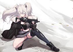 Rule 34 | 1girl, ahoge, animal ears, bare shoulders, belt, blush, boots, breasts, character name, cleavage, earrings, expressionless, firing, floating hair, full body, fur-trimmed jacket, fur trim, grey eyes, grey hair, gun, h&amp;k mp5, hair between eyes, heckler &amp; koch, highres, holding, holding gun, holding weapon, hololive, jacket, jewelry, k jin, large breasts, lion ears, lion girl, long hair, midriff, necklace, off shoulder, see-through, see-through cleavage, shirt, shishiro botan, shishiro botan (1st costume), single thighhigh, skirt, sleeveless, sleeveless shirt, solo, submachine gun, thighhighs, thighs, torn clothes, torn thighhighs, virtual youtuber, weapon