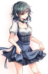 Rule 34 | 10s, 1girl, alternate costume, apron, blue apron, blue eyes, choker, clothes lift, dirndl, dress, eyepatch, german clothes, green hair, kantai collection, kiso (kancolle), long hair, looking at viewer, pinafore dress, simple background, skirt, skirt hold, skirt lift, sleeveless dress, solo, thighs, waist apron, white background, x na