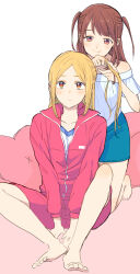 2girls alternate_hairstyle bare_shoulders barefoot blonde_hair blue_skirt blush brown_hair butterfly_sitting commentary_request eripiyo gym_shirt hair_tie hairdressing hand_in_another&#039;s_hair hands_on_floor highres holding_hair_tie ichii_maina indoors jacket kneeling long_hair looking_at_another miniskirt multiple_girls off-shoulder_shirt off_shoulder one_side_up orange_eyes oshi_ga_budoukan_itte_kuretara_shinu partially_unzipped red_jacket red_shorts red_track_suit s_c_k shirt shorts sitting skirt smile swept_bangs track_jacket two_side_up white_background white_shirt