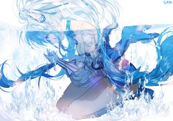 Rule 34 | 1girl, air bubble, artist name, bad id, bad twitter id, bare shoulders, blue bow, blue bowtie, blue dress, blue footwear, blue hair, blue theme, boots, bow, bowtie, breasts, bubble, choker, cleavage, detached sleeves, diamond hair ornament, dress, face under water, gem, gloves, hatsune miku, jewelry, knee boots, kneeling, long hair, long sleeves, partially submerged, partially translated, partially underwater shot, puffy long sleeves, puffy sleeves, purple eyes, simple background, solo, strapless, strapless dress, sukja, teardrop, translation request, twintails, underwater, very long hair, vocaloid, water, white background, white gloves