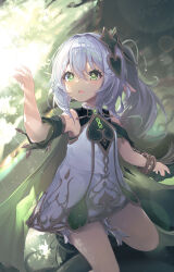 Rule 34 | + +, 1girl, absurdres, arm up, bare shoulders, bloomers, blush, child, collared dress, cross-shaped pupils, crossed bangs, day, detached sleeves, dress, eunip, feet out of frame, forest, genshin impact, gold trim, gradient hair, green eyes, green hair, green sleeves, hair ornament, highres, kneeling, long hair, looking up, multicolored hair, nahida (genshin impact), nature, open mouth, outdoors, pointy ears, short dress, side ponytail, sidelocks, sleeveless, sleeveless dress, solo, sunlight, symbol-shaped pupils, underwear, white bloomers, white dress, white hair, wrist cuffs