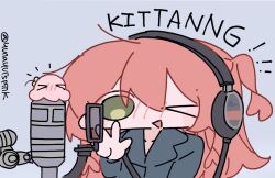Rule 34 | 1girl, blush, bocchi the rock!, chibi, english text, gotoh hitori, gotoh hitori (octopus), green eyes, headphones, kita ikuyo, long hair, looking at viewer, microphone, microphone stand, open mouth, red hair, shirt, simple background, smile, solo, v, yunayuispink