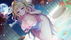 Rule 34 | 1girl, absurdly long hair, animal ears, autumn leaves, bath, blonde hair, blue eyes, blush, breasts, bucket, cleavage, convenient censoring, covering privates, ears down, heart, heart in eye, highres, kanola u, large breasts, long hair, looking at viewer, naked towel, night, nude cover, onsen, original, outdoors, partially submerged, rabbit ears, rock, soaking feet, solo, symbol-shaped pupils, symbol in eye, towel, twintails, very long hair, water, wavy hair