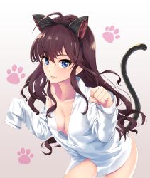 Rule 34 | 10s, 1girl, :3, :d, ahoge, animal ears, bare shoulders, black hairband, blue eyes, blush, breasts, brown hair, cat ears, cat tail, cleavage, clenched hand, collarbone, collared shirt, covered erect nipples, cowboy shot, downblouse, dress shirt, eyelashes, fake animal ears, fingernails, gradient background, hair between eyes, hairband, hands in opposite sleeves, highres, ichinose shiki, idolmaster, idolmaster cinderella girls, infinote, leaning forward, legs apart, lipstick, long hair, long sleeves, looking at viewer, makeup, medium breasts, naked shirt, off shoulder, open mouth, parted lips, paw pose, paw print, shiny skin, shirt, smile, solo, standing, tail, white background, white shirt