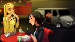 Rule 34 | 1boy, 2girls, big hero 6, black hair, blurry, closed eyes, commentary request, depth of field, duct tape, fingerless gloves, food, gloves, gogo tomago, green eyes, hairband, hand to own mouth, honey lemon, jacket, kidnapping, lips, long hair, looking at another, marvel, mask, motor vehicle, multicolored hair, multiple girls, parted lips, polyle, sitting, smile, sushi, truck, two-tone hair, vehicle