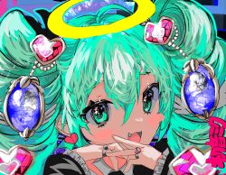 Rule 34 | 1girl, :3, absurdres, blue eyes, blue hair, blush, commentary, drill hair, fang, halo, hatsune miku, head rest, heart, highres, jewelry, long hair, long sleeves, looking at viewer, magical girl, momae makku, open mouth, ring, solo, twin drills, twintails, very long hair, vocaloid, wand