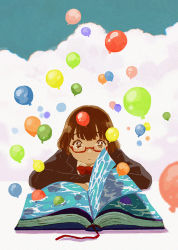 Rule 34 | 1girl, :/, arm rest, backlighting, balloon, black jacket, blazer, blunt bangs, blurry, bob cut, book, bookmark, bow, bowtie, brown eyes, brown hair, chromatic aberration, closed mouth, cloud, colorful, crossed arms, depth of field, dot nose, expressionless, glasses, highres, jacket, long sleeves, looking at viewer, monaka (siromona), no lineart, open book, original, red-framed eyewear, red bow, red bowtie, school uniform, semi-rimless eyewear, short hair, solo, straight-on, surreal, table, upper body