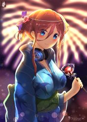 Rule 34 | 1girl, animal print, bad id, bad pixiv id, bird print, blue eyes, blue kimono, blurry, blurry background, bow, breasts, brown hair, chinchongcha, closed mouth, collarbone, fireworks, flower, go-toubun no hanayome, hair between eyes, hair bow, hair flower, hair ornament, headphones, headphones around neck, highres, holding, japanese clothes, kimono, large breasts, lens flare, looking at viewer, nakano miku, pink flower, print kimono, purple bow, short hair with long locks, sidelocks, smile, solo, standing, striped clothes, striped kimono, upper body, vertical-striped clothes, vertical-striped kimono, yukata