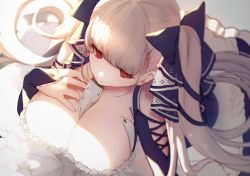 Rule 34 | 1girl, azur lane, between breasts, blunt bangs, blurry, blush, breasts, cleavage, closed mouth, depth of field, dress, eyelashes, formidable (azur lane), frilled dress, frills, from above, grey background, hair ribbon, hand on own chest, large breasts, long hair, nido celisius, red eyes, ribbon, silver hair, simple background, solo, twintails, white neckwear
