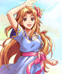 Rule 34 | 1girl, :d, arm up, blue dress, brown eyes, brown hair, commentary, day, dress, flower, glint, gomi, hair flower, hair ornament, jewelry, looking at viewer, marin (zelda), necklace, nintendo, open mouth, outdoors, short sleeves, smile, solo, sundress, sunlight, the legend of zelda, waving