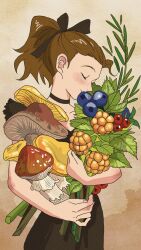 Rule 34 | 1girl, arrietty, berry, black bow, black dress, bouquet, bow, brown background, brown hair, choker, closed mouth, cowboy shot, dress, eyelashes, flower, food, fruit, hair bow, highres, holding, holding bouquet, holding food, holding fruit, karigurashi no arrietty, mushroom, object kiss, ponytail, profile, rikaco1988, short hair, smile, solo