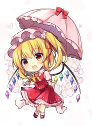 Rule 34 | 1girl, :d, absurdres, arm behind back, ascot, back bow, blonde hair, blush, bow, center frills, chibi, commentary request, contrapposto, eyelashes, fang, flandre scarlet, flower, frilled skirt, frills, full body, hair flower, hair ornament, happy, hat, heart, highres, holding, holding umbrella, mary janes, mob cap, one side up, open mouth, parasol, petals, puffy short sleeves, puffy sleeves, red eyes, red footwear, red skirt, red vest, ruhika, sash, shirt, shoes, short hair with long locks, short sleeves, side ponytail, simple background, skirt, slit pupils, smile, socks, solo, standing, touhou, umbrella, umbrella bow, vest, white background, white sash, white shirt, white socks, wings, wrist cuffs, yellow ascot