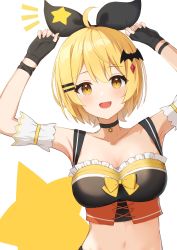 Rule 34 | 1girl, :d, ahoge, arms up, bat hair ornament, black bow, black choker, black gloves, blonde hair, blush, bow, breasts, choker, commentary request, crop top, detached sleeves, fingerless gloves, gloves, hair bow, hair ornament, hairclip, highres, hololive, large breasts, looking at viewer, mirai (mirai76 ), navel, notice lines, open mouth, short hair, smile, solo, stomach, upper body, virtual youtuber, yellow eyes, yozora mel, yozora mel (2nd costume)