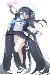 Rule 34 | 1girl, absurdly long hair, aris (blue archive), black hair, black skirt, black socks, blue archive, blue eyes, blue necktie, blush, collared shirt, full body, green halo, halo, haniwa (statue), highres, holding, jacket, long hair, long sleeves, looking at viewer, necktie, open mouth, panties, pleated skirt, shirt, shoes, simple background, skirt, smile, socks, solo, standing, standing on one leg, teranekosu, two-sided fabric, two-sided jacket, underwear, very long hair, white background, white footwear, white jacket, white panties, white shirt