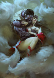 Rule 34 | 1boy, 1girl, absurdres, ahri (league of legends), ass, bare shoulders, black hair, boots, breasts, cleavage, colored skin, detached sleeves, dr. mundo, fingernails, forced, fox tail, grabbing, grabbing another&#039;s breast, groping, hetero, highres, jacket, korean clothes, large breasts, league of legends, long hair, multiple tails, muscular, no bra, open mouth, pu zhou, purple skin, saliva, short hair, tail, torn clothes, torn jacket, yellow eyes