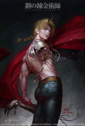 Rule 34 | 1boy, amputee, belt, blonde hair, braid, chain, cloak, copyright name, denim, edward elric, from side, fullmetal alchemist, highres, in-hyuk lee, jeans, male focus, mechanical arms, mechanical parts, muscular, pants, red eyes, shadow, signature, single braid, single mechanical arm, solo, topless male, veins, watermark, web address