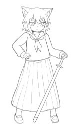 Rule 34 | 1girl, absurdres, alternate costume, animal ear fluff, animal ears, blush, closed mouth, delinquent, greyscale, hair between eyes, hand on hilt, hand on own hip, highres, inubashiri momiji, kibisake, long skirt, long sleeves, looking at viewer, monochrome, neckerchief, pantyhose, pleated skirt, sailor collar, school uniform, serafuku, shinai, shirt, shoes, simple background, skirt, sleeves past wrists, solo, sukeban, sword, thick eyebrows, touhou, v-shaped eyebrows, weapon, white background, wolf ears
