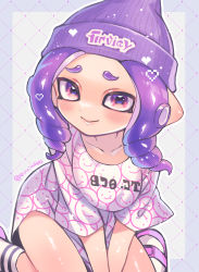 Rule 34 | 1girl, beanie, blush, closed mouth, collarbone, double horizontal stripe, drill hair, furrowed brow, hat, heart, highres, long hair, looking at viewer, nintendo, octoling, octoling girl, octoling player character, outline, oversized clothes, oversized shirt, pink footwear, purple hair, purple hat, shina shina, shirt, smile, socks, solo, splatoon (series), splatoon 3, star (symbol), suction cups, tentacle hair, twitter username, v arms, white outline, white socks