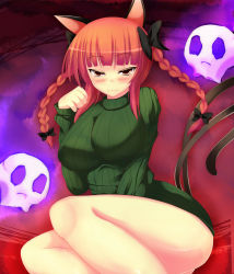Rule 34 | 1girl, alternate costume, animal ears, bare legs, blush, braid, breasts, cat ears, cat girl, cat tail, female focus, green shirt, highres, kaenbyou rin, large breasts, multiple tails, naked sweater, naughty face, nitoridio, paw pose, red eyes, red hair, ribbed sweater, shirt, sitting, skull, smile, solo, sweater, tail, touhou, twin braids