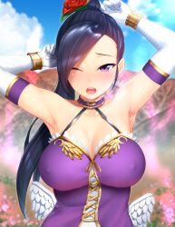 Rule 34 | 1girl, ajifurai, armpits, arms up, bare shoulders, black hair, blush, breasts, cleavage, cloud, collarbone, covered erect nipples, day, divine bustier (dq), dragon quest, dragon quest xi, dress, elbow gloves, eyes visible through hair, fake wings, flower, gloves, hair flower, hair ornament, highres, large breasts, lips, long hair, martina (dq11), mini wings, one eye closed, open mouth, ponytail, purple eyes, sky, solo, sweat, white gloves, wings