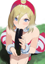 Rule 34 | 1girl, :&gt;=, bare arms, bare shoulders, blonde hair, blue eyes, blush, breasts, breath, commentary request, creatures (company), eating, ehoumaki, eyes visible through hair, fellatio, fingernails, food, food in mouth, from above, game freak, grass, hair between eyes, holding, holding food, ikuchan kaoru, irida (pokemon), jewelry, knees together feet apart, looking at viewer, makizushi, neck ring, nintendo, oral, outdoors, pokemon, pokemon legends: arceus, red footwear, red headwear, red shirt, sexually suggestive, shadow, shirt, short hair, shorts, simulated fellatio, small breasts, solo, squatting, strapless, strapless shirt, sushi, sweatdrop, v-shaped eyebrows, waist cape, white shorts, wristband