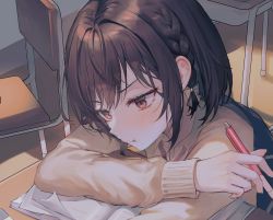Rule 34 | 1girl, absurdres, black hair, black vest, blush, bow, braid, brown eyes, chair, closed mouth, collared shirt, commentary request, desk, hair bow, highres, holding, holding pen, long sleeves, original, paper, pen, pink bow, shirt, short hair, side braid, tokkyu, vest