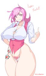 Rule 34 | 1girl, bad id, bad pixiv id, bad proportions, breasts, colored pubic hair, curvy, english text, covered erect nipples, female pubic hair, grin, harry (dudwofla), highres, huge breasts, long hair, looking at viewer, pink eyes, pink hair, profanity, pubic hair, simple background, smile, solo, thick thighs, thighs, underbust, white background