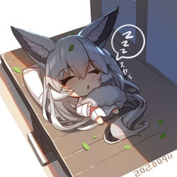 Rule 34 | 1girl, animal ear fluff, animal ears, barefoot, blush, chibi, closed eyes, commentary request, dated, facing viewer, fox ears, fox girl, fox tail, hair between eyes, highres, japanese clothes, kimono, leaf, leaf on head, long hair, long sleeves, lying, obi, on back, original, parted lips, pillow, sash, silver hair, sleeping, solo, spoken zzz, tail, translation request, veranda, very long hair, white background, white kimono, wide sleeves, yuuji (yukimimi), zzz