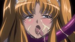 Rule 34 | 1girl, animated, animated gif, blonde hair, blush, cum, cum in mouth, dark-skinned female, dark skin, facial, futaba lili ramses, gokkun, green eyes, licking, licking lips, long hair, looking to the side, open mouth, oral invitation, restrained, screencap, simple background, solo, tentacle and witches, tentacles, tongue, tongue out, twintails, upper body, very long hair