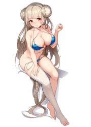 Rule 34 | 1girl, absurdres, alternate costume, azur lane, bare shoulders, barefoot, bikini, blue bikini, blush, braid, braided bun, breasts, choker, cleavage, closed mouth, collarbone, covered erect nipples, double bun, eyelashes, formidable (azur lane), formidable (the lady of the beach) (azur lane), hair bun, hand on own thigh, hand up, highres, invisible chair, large breasts, lips, long hair, looking at viewer, multi-strapped bikini top, red eyes, shadow, silver hair, simple background, single thighhigh, sitting, smile, solo, swimsuit, thighhighs, thighs, toeless legwear, untied bikini, very long hair, white background, white thighhighs, yusan