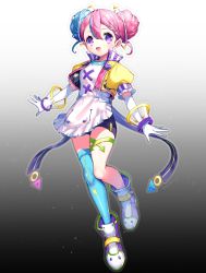 Rule 34 | 1girl, :d, amenosaka nono, apron, artist name, blue hair, blue thighhighs, boots, double bun, elbow gloves, frilled skirt, frills, full body, gloves, gradient background, hair bun, highres, jacket, looking at viewer, multicolored clothes, multicolored hair, open mouth, original, pink hair, puffy sleeves, purple eyes, short sleeves, single thighhigh, skirt, smile, solo, strap, thighhighs, thighlet, two-tone hair, virtual youtuber, white gloves