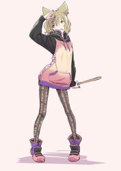 Rule 34 | 1girl, absurdres, adapted costume, arm up, black shirt, blonde hair, breasts, brown pantyhose, closed mouth, earmuffs, hair between eyes, hand up, highres, hood, hoodie, kawayabug, long sleeves, looking to the side, medium breasts, multicolored clothes, multicolored shirt, nail polish, pantyhose, pink background, pink footwear, pink shirt, pocket, pointy ears, purple footwear, purple nails, shadow, shirt, shoes, short hair, simple background, sneakers, solo, standing, touhou, toyosatomimi no miko, white shirt, yellow eyes