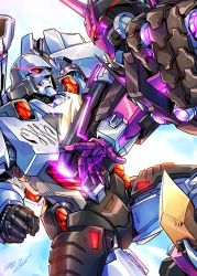 Rule 34 | arm cannon, clenched hand, commentary, english commentary, fighting, from side, glowing, glowing eye, highres, lina rojas, mask, mecha, megatron, open hand, red eyes, robot, science fiction, tarn, the transformers (idw), transformers, weapon