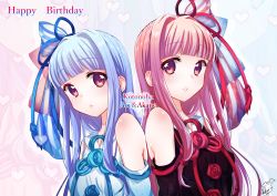 Rule 34 | 2girls, :o, bat (animal), blue flower, blue hair, blue ribbon, blue rose, blunt bangs, character name, detached sleeves, english text, eyebrows, flower, hair ribbon, happy birthday, heart, highres, kitasaya ai, kotonoha akane, kotonoha aoi, long hair, looking at viewer, multiple girls, parted lips, pink hair, red eyes, red flower, red ribbon, red rose, ribbon, rose, siblings, side-by-side, signature, sisters, twins, upper body, voiceroid, zoom layer