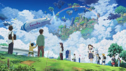 Rule 34 | 4girls, 6+boys, aircraft, balloon, cityscape, cloud, day, dirigible, floating castle, floating island, grass, isai shizuka, multiple boys, multiple girls, original, outdoors, power lines, rainbow, scenery, sky, tree, water, waterfall