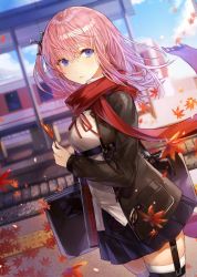 Rule 34 | 1girl, autumn leaves, backpack, bag, blue eyes, blue hair, closed mouth, cowboy shot, expressionless, falling leaves, floating hair, girls&#039; frontline, hair ornament, holding, holding leaf, holster, jacket, kim eb, leaf, long hair, looking at viewer, multicolored hair, one side up, open clothes, open jacket, pink hair, pleated skirt, railroad tracks, red ribbon, red scarf, ribbon, scarf, school uniform, scope, side ponytail, skindentation, skirt, solo, st ar-15 (girls&#039; frontline), station, streaked hair, thigh holster, thigh strap, thighhighs, train station, train station platform, tsurime, unzipped, white thighhighs, wind