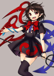 Rule 34 | 1girl, :d, abe ranzu, asymmetrical hair, asymmetrical wings, black dress, black hair, black thighhighs, dress, fangs, forbidden scrollery, harukawa moe (style), houjuu nue, looking at viewer, messy hair, open mouth, parody, polearm, red eyes, short hair, smile, snake, solo, style parody, thighhighs, touhou, trident, weapon, wings