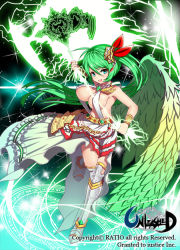 Rule 34 | 1girl, angel, angel wings, armor, armpits, axe, bad id, bad pixiv id, bare shoulders, boots, bouncing breasts, bracelet, breasts, chain, electricity, energy axe, energy blade, frills, greaves, green eyes, green hair, hair ornament, jewelry, large breasts, long hair, magic circle, open mouth, ratio (ratio-d), side ponytail, single wing, smile, solo, thigh boots, thighhighs, unleashed, very long hair, warrior, weapon, wings, zettai ryouiki