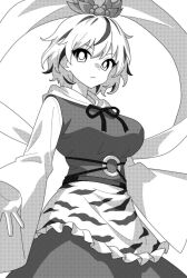 Rule 34 | 1girl, animal print, breasts, closed mouth, commentary, greyscale, hair ornament, large breasts, long sleeves, looking at viewer, monochrome, multicolored hair, onkn sxkn, shawl, short hair, simple background, solo, tiger print, toramaru shou, touhou, two-tone hair