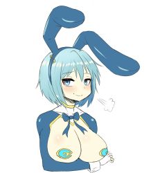 Rule 34 | 1girl, animal ears, blue eyes, blue hair, blue pasties, blush, breasts, closed mouth, fake animal ears, highres, large breasts, looking at viewer, mahou shoujo madoka magica, meme attire, miki sayaka, pasties, rabbit ears, reverse bunnysuit, reverse outfit, short hair, simple background, smile, solo, upper body, white background